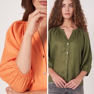 NWOT Repeat Woman Orange 100% Linen Relax Fit Puff Sleeve Blouse SMALL Classic